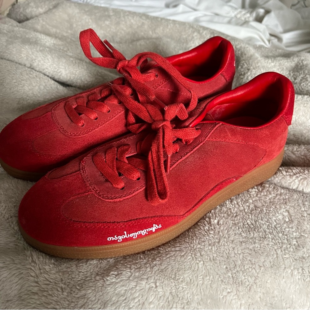 Red Suede Lace-Up Women's Sneakers